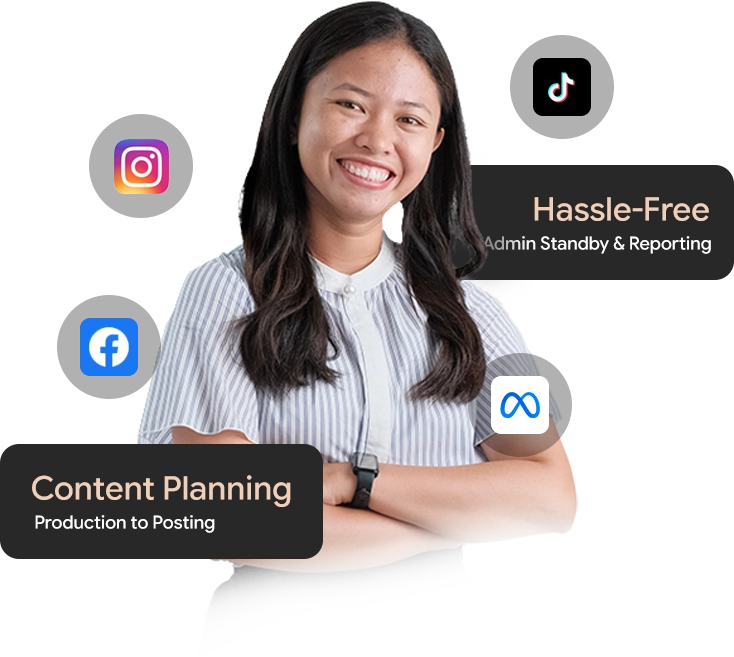 A social media specialist woman portrait with social media icon. With content planning & hassle free badge services.